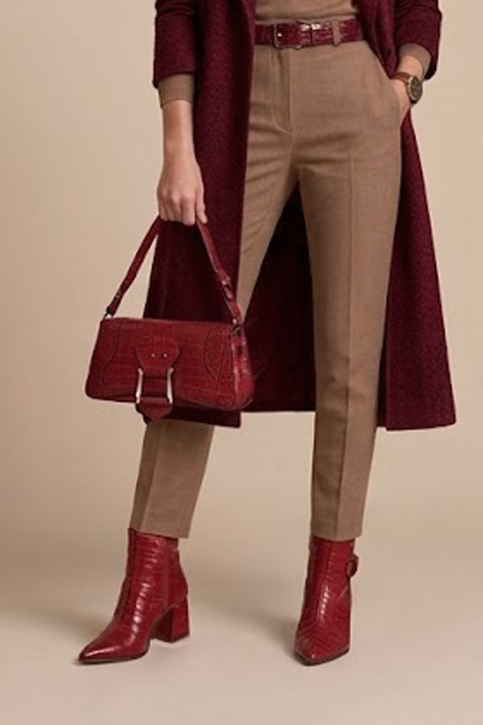 Women's scarlet red back-buckle ankle boots with pointed toe and mid block heel - Top view